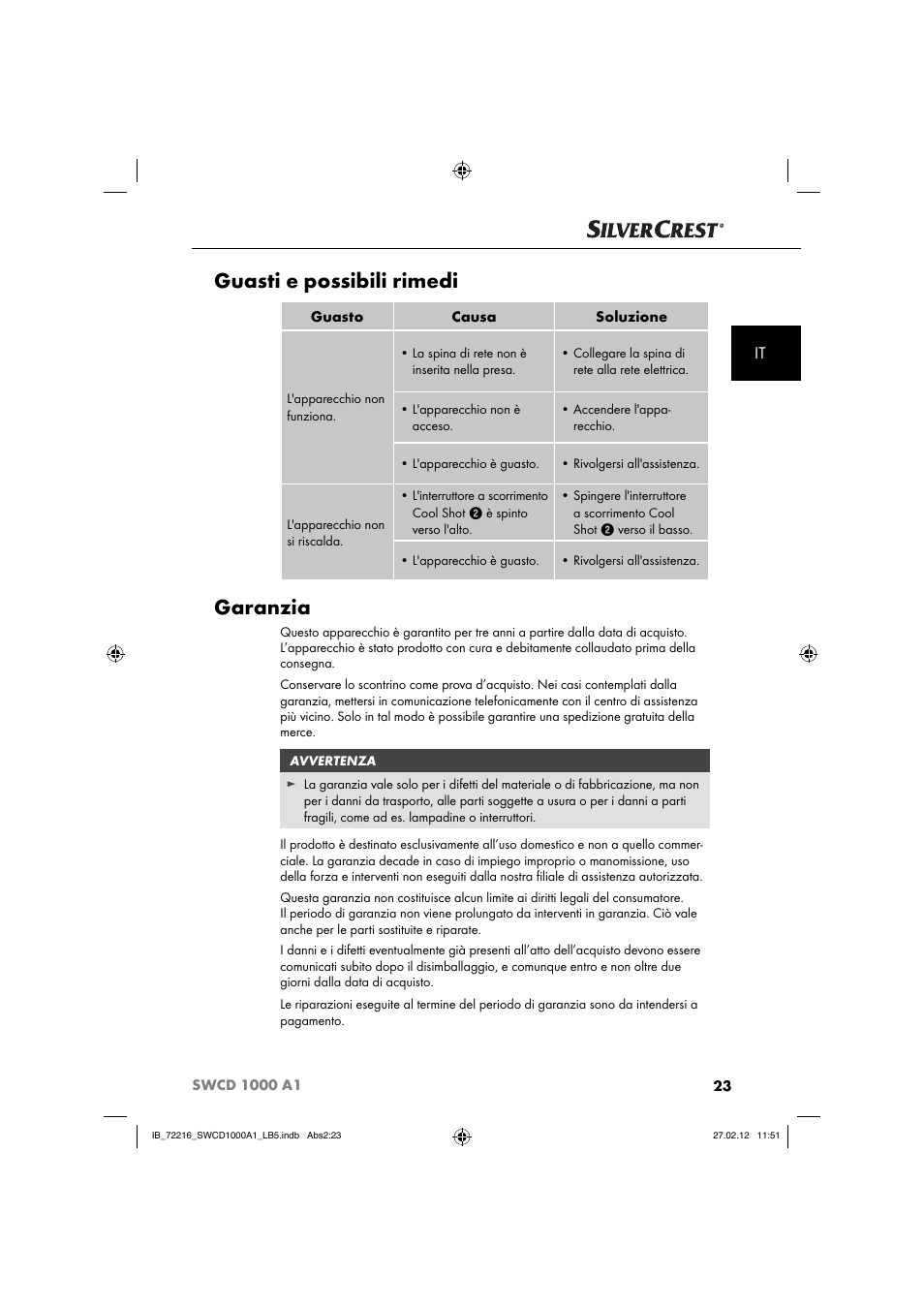 Guasti e possibili rimedi, Garanzia | Silvercrest SWCD 1000 A1 User Manual | Page 25 / 50