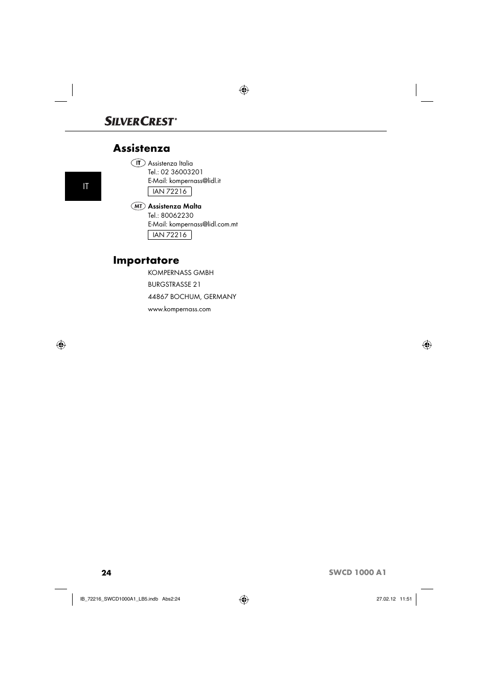 Assistenza, Importatore | Silvercrest SWCD 1000 A1 User Manual | Page 26 / 50