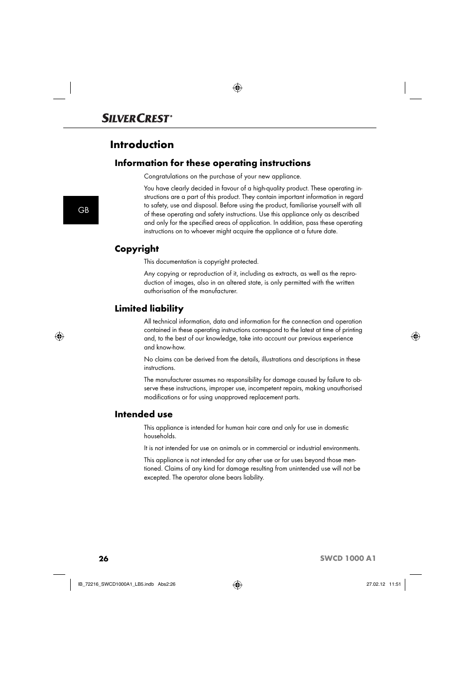 Introduction, Information for these operating instructions, Copyright | Limited liability, Intended use | Silvercrest SWCD 1000 A1 User Manual | Page 28 / 50