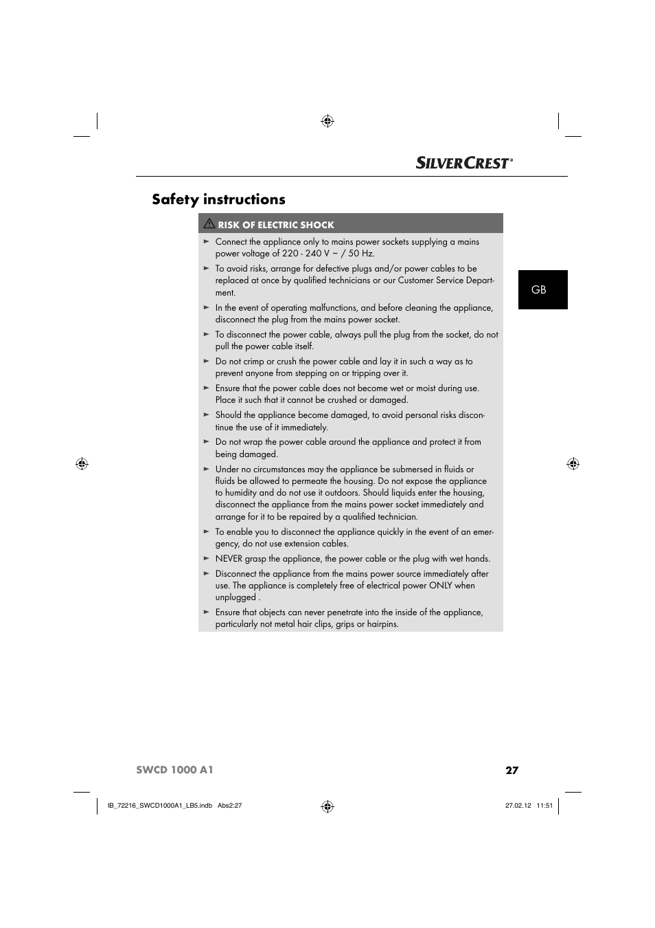 Safety instructions | Silvercrest SWCD 1000 A1 User Manual | Page 29 / 50