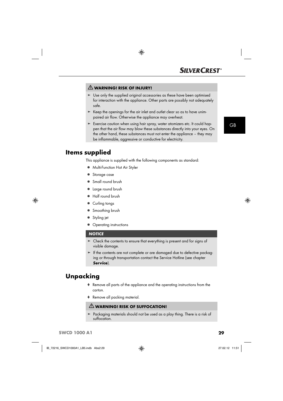 Items supplied, Unpacking | Silvercrest SWCD 1000 A1 User Manual | Page 31 / 50