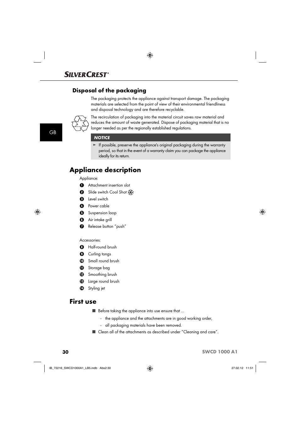 Appliance description, First use, Disposal of the packaging | Silvercrest SWCD 1000 A1 User Manual | Page 32 / 50