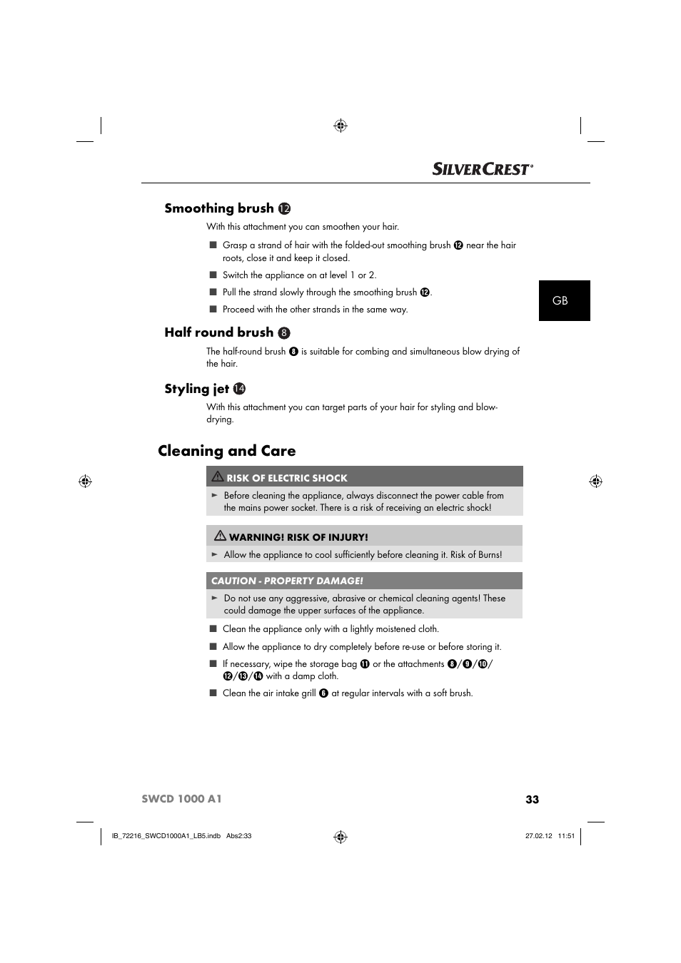 Cleaning and care, Smoothing brush, Half round brush | Styling jet | Silvercrest SWCD 1000 A1 User Manual | Page 35 / 50