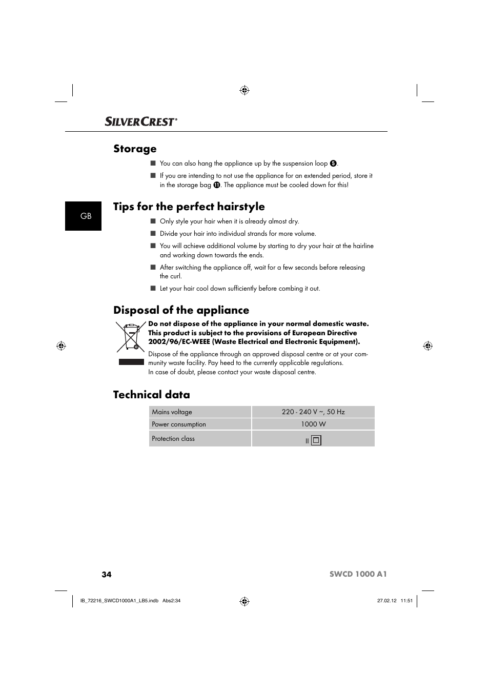 Storage, Tips for the perfect hairstyle, Disposal of the appliance | Technical data | Silvercrest SWCD 1000 A1 User Manual | Page 36 / 50