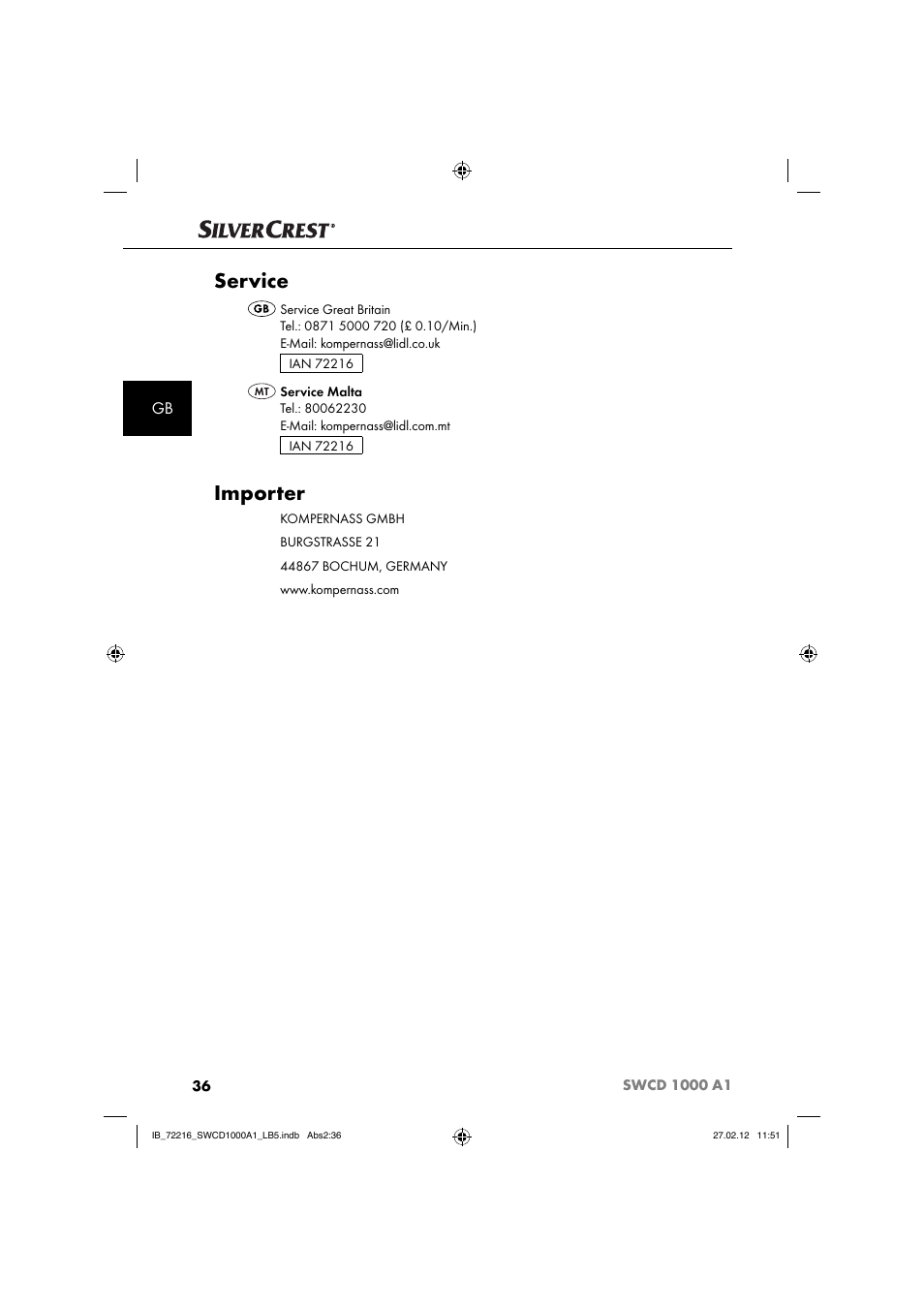 Service, Importer | Silvercrest SWCD 1000 A1 User Manual | Page 38 / 50