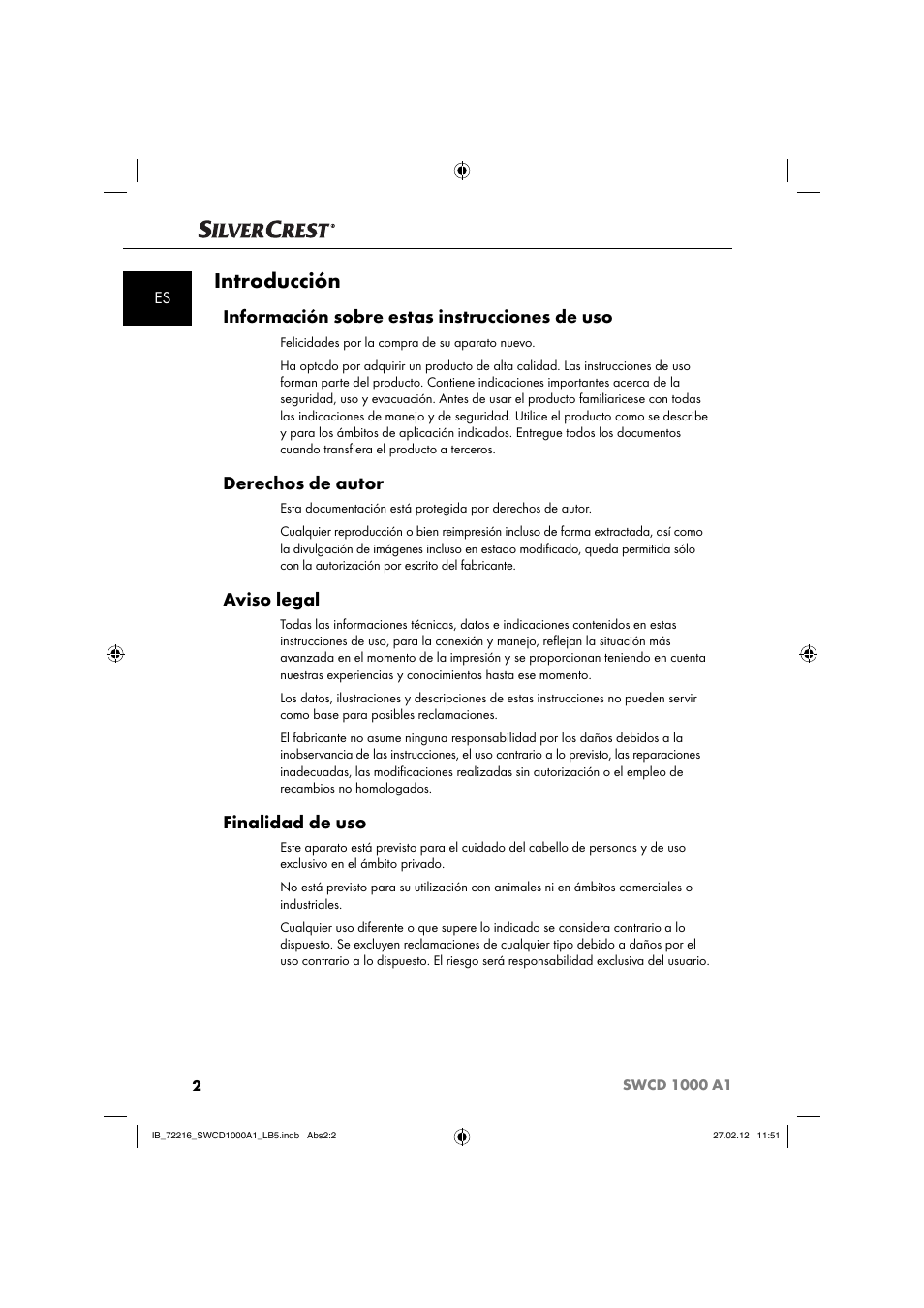 Introducción, Información sobre estas instrucciones de uso, Derechos de autor | Aviso legal, Finalidad de uso | Silvercrest SWCD 1000 A1 User Manual | Page 4 / 50