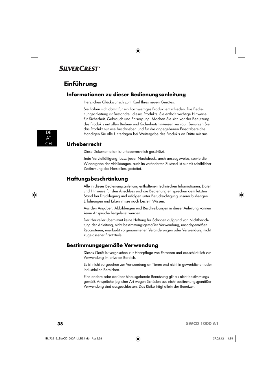 Einführung, Informationen zu dieser bedienungsanleitung, Urheberrecht | Haftungsbeschränkung, Bestimmungsgemäße verwendung, De at ch | Silvercrest SWCD 1000 A1 User Manual | Page 40 / 50