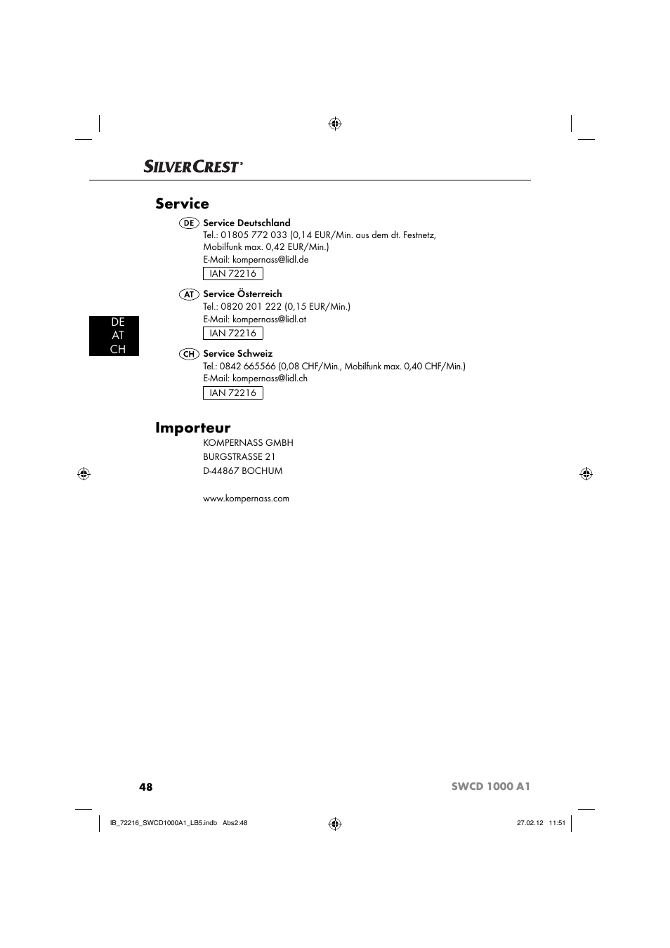 Service, Importeur, De at ch | Silvercrest SWCD 1000 A1 User Manual | Page 50 / 50