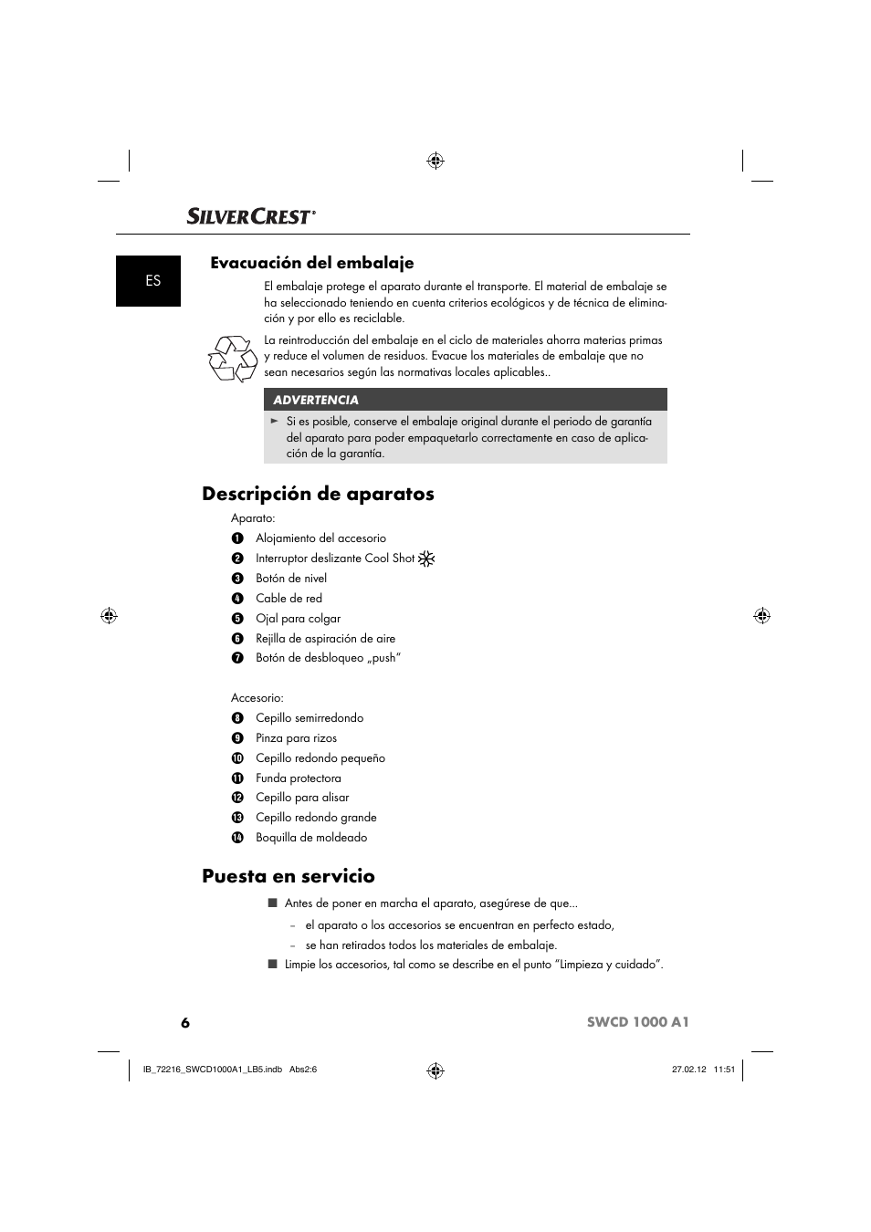 Descripción de aparatos, Puesta en servicio, Evacuación del embalaje | Silvercrest SWCD 1000 A1 User Manual | Page 8 / 50