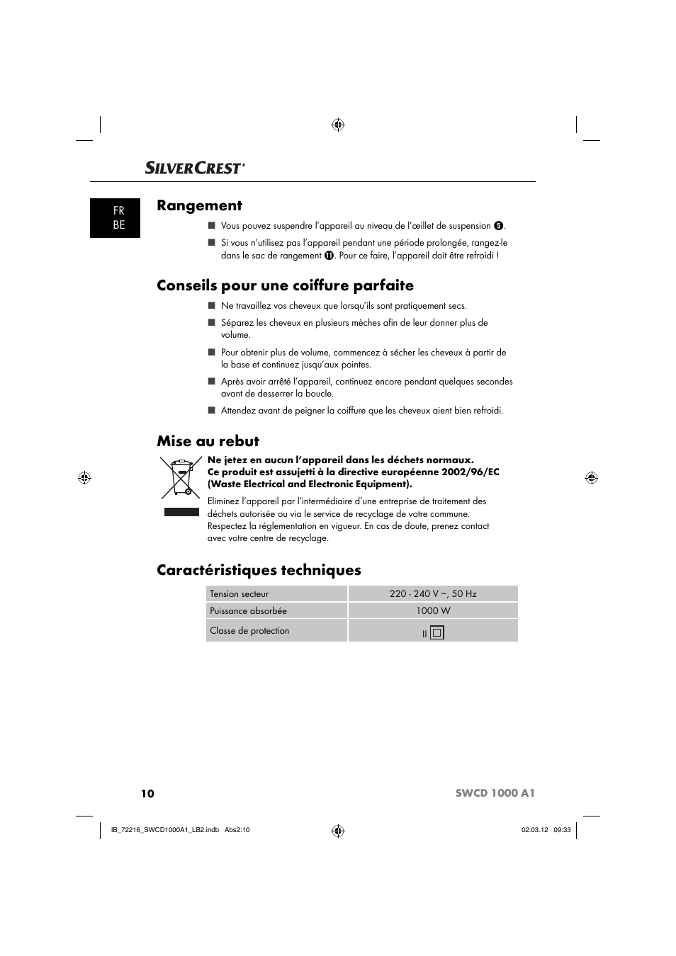 Rangement, Conseils pour une coiﬀ ure parfaite, Mise au rebut | Caractéristiques techniques, Fr be | Silvercrest SWCD 1000 A1 User Manual | Page 12 / 50