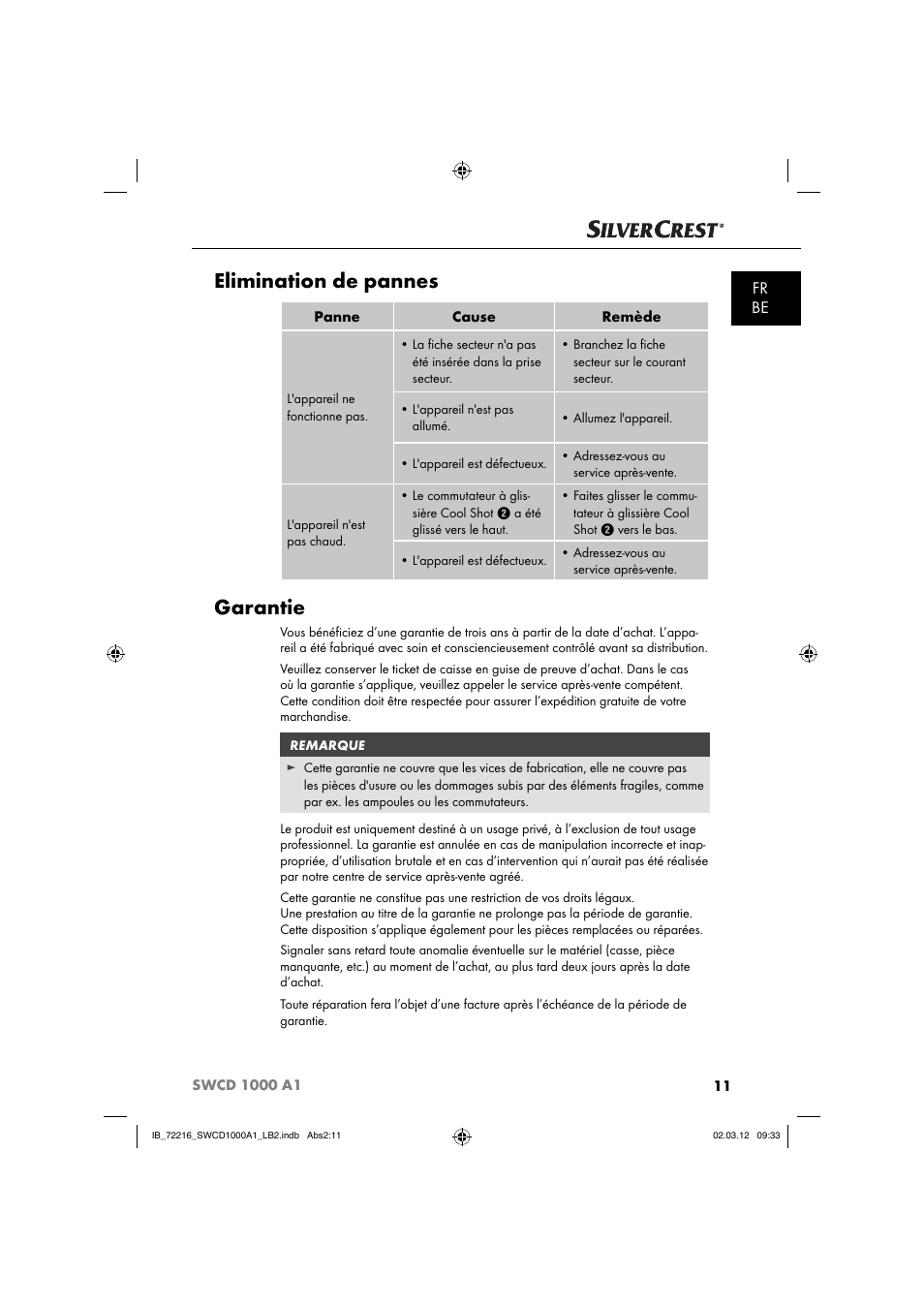 Elimination de pannes, Garantie, Fr be | Silvercrest SWCD 1000 A1 User Manual | Page 13 / 50