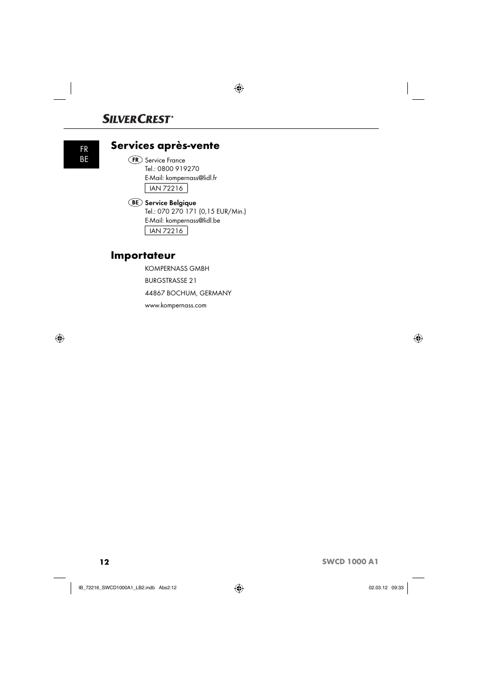 Services après-vente, Importateur, Fr be | Silvercrest SWCD 1000 A1 User Manual | Page 14 / 50