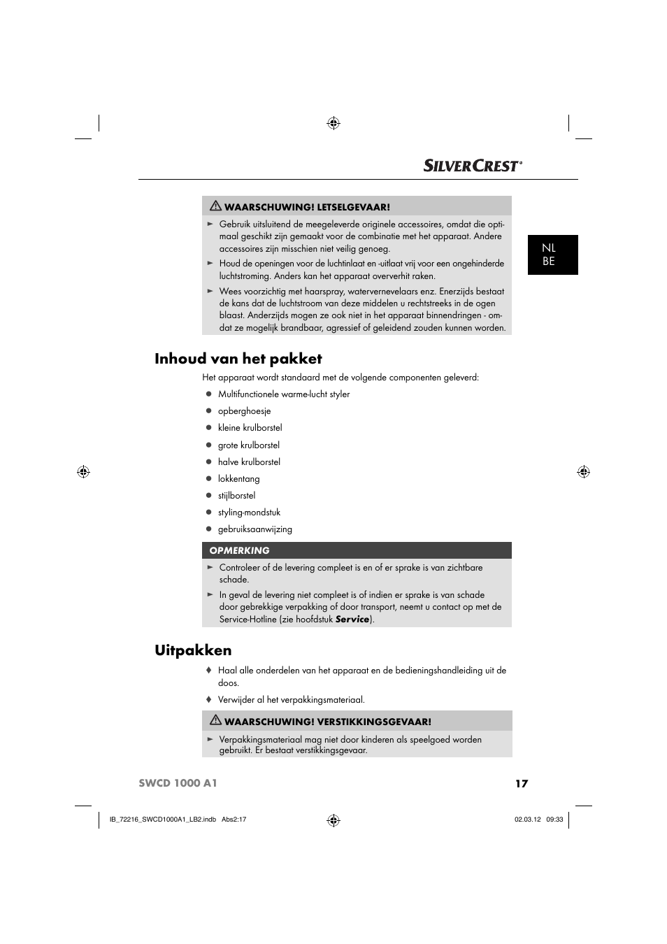 Inhoud van het pakket, Uitpakken, Nl be | Silvercrest SWCD 1000 A1 User Manual | Page 19 / 50