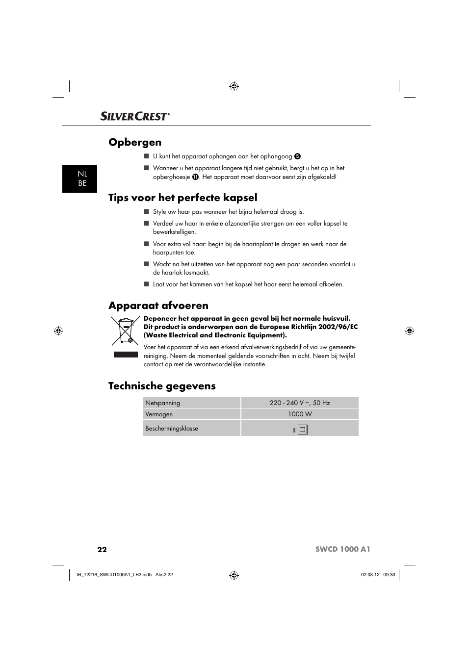 Opbergen, Tips voor het perfecte kapsel, Apparaat afvoeren | Technische gegevens, Nl be | Silvercrest SWCD 1000 A1 User Manual | Page 24 / 50