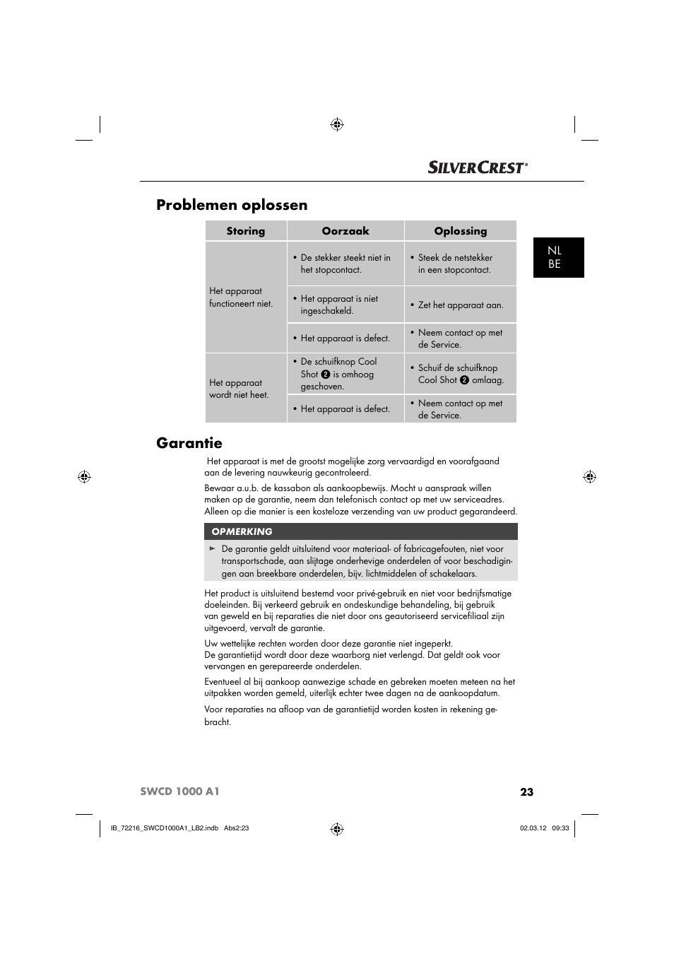 Problemen oplossen, Garantie, Nl be | Silvercrest SWCD 1000 A1 User Manual | Page 25 / 50