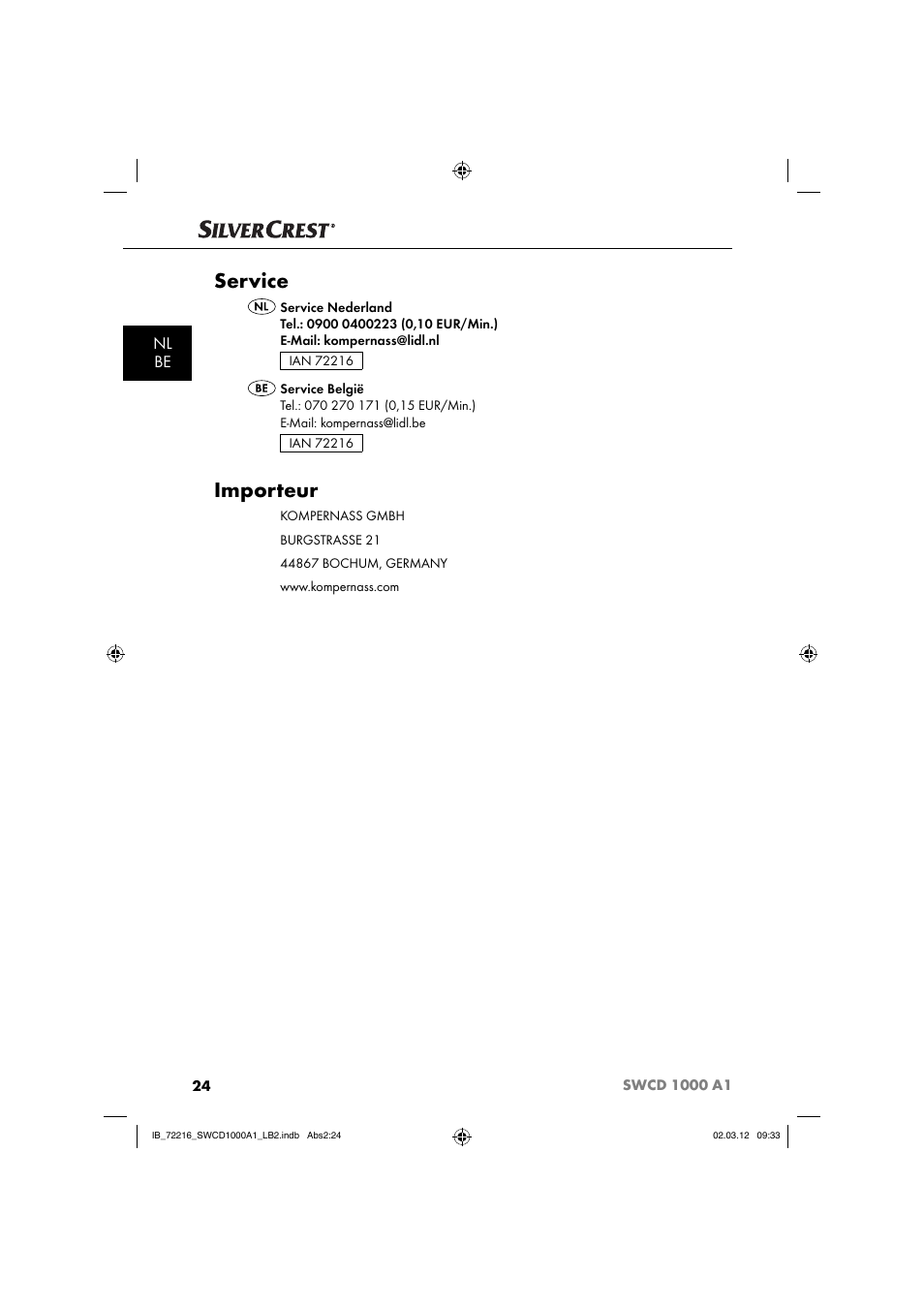 Service, Importeur, Nl be | Silvercrest SWCD 1000 A1 User Manual | Page 26 / 50