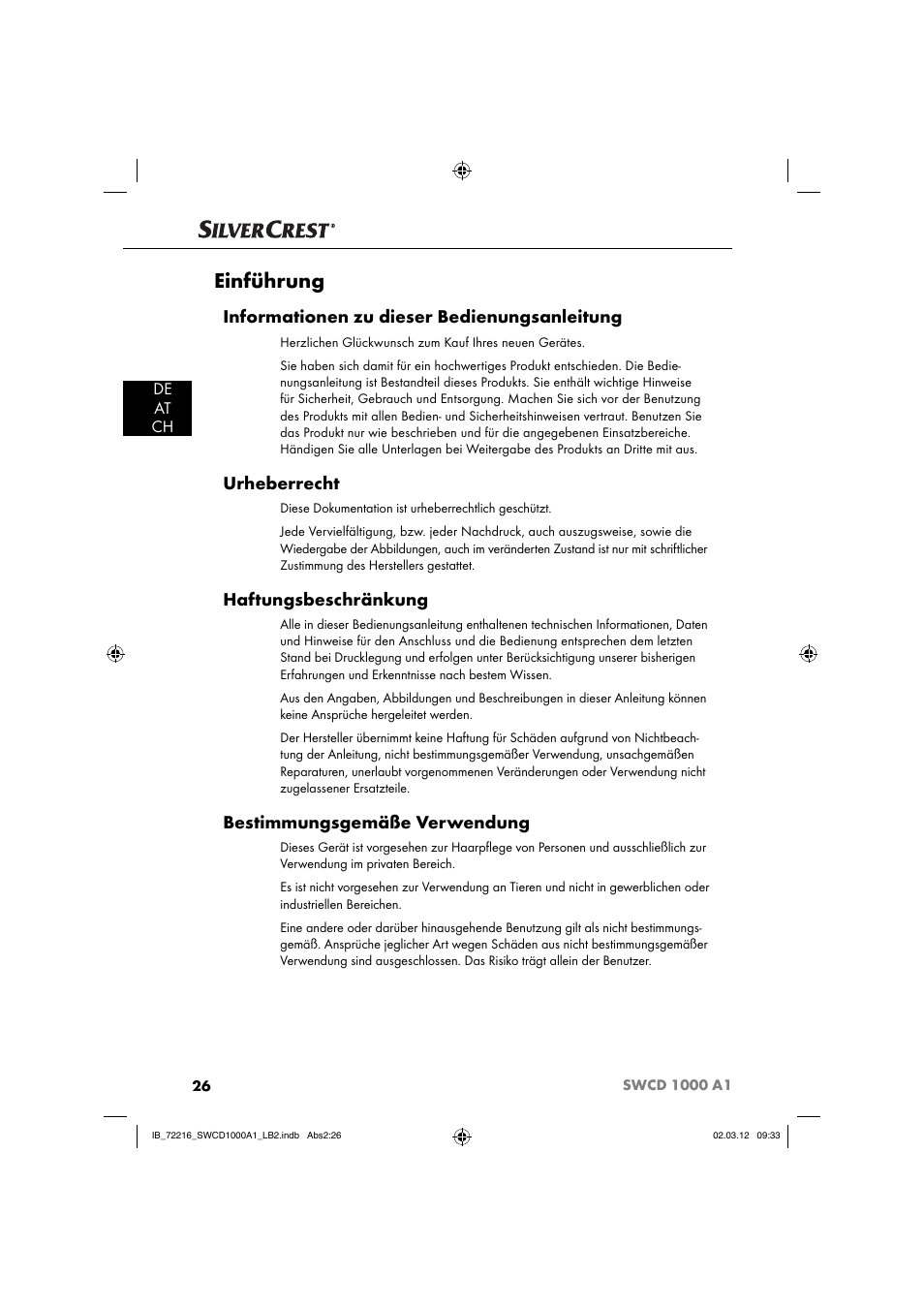 Einführung, Informationen zu dieser bedienungsanleitung, Urheberrecht | Haftungsbeschränkung, Bestimmungsgemäße verwendung, De at ch | Silvercrest SWCD 1000 A1 User Manual | Page 28 / 50