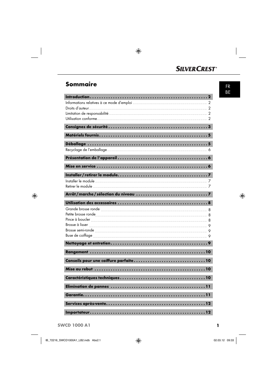 Sommaire, Fr be | Silvercrest SWCD 1000 A1 User Manual | Page 3 / 50