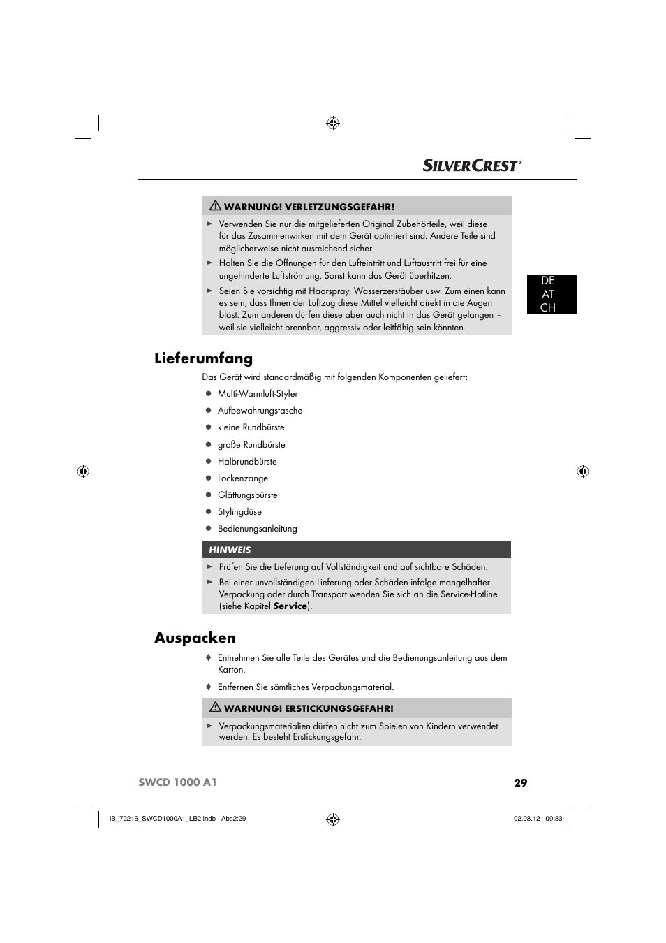 Lieferumfang, Auspacken, De at ch | Silvercrest SWCD 1000 A1 User Manual | Page 31 / 50