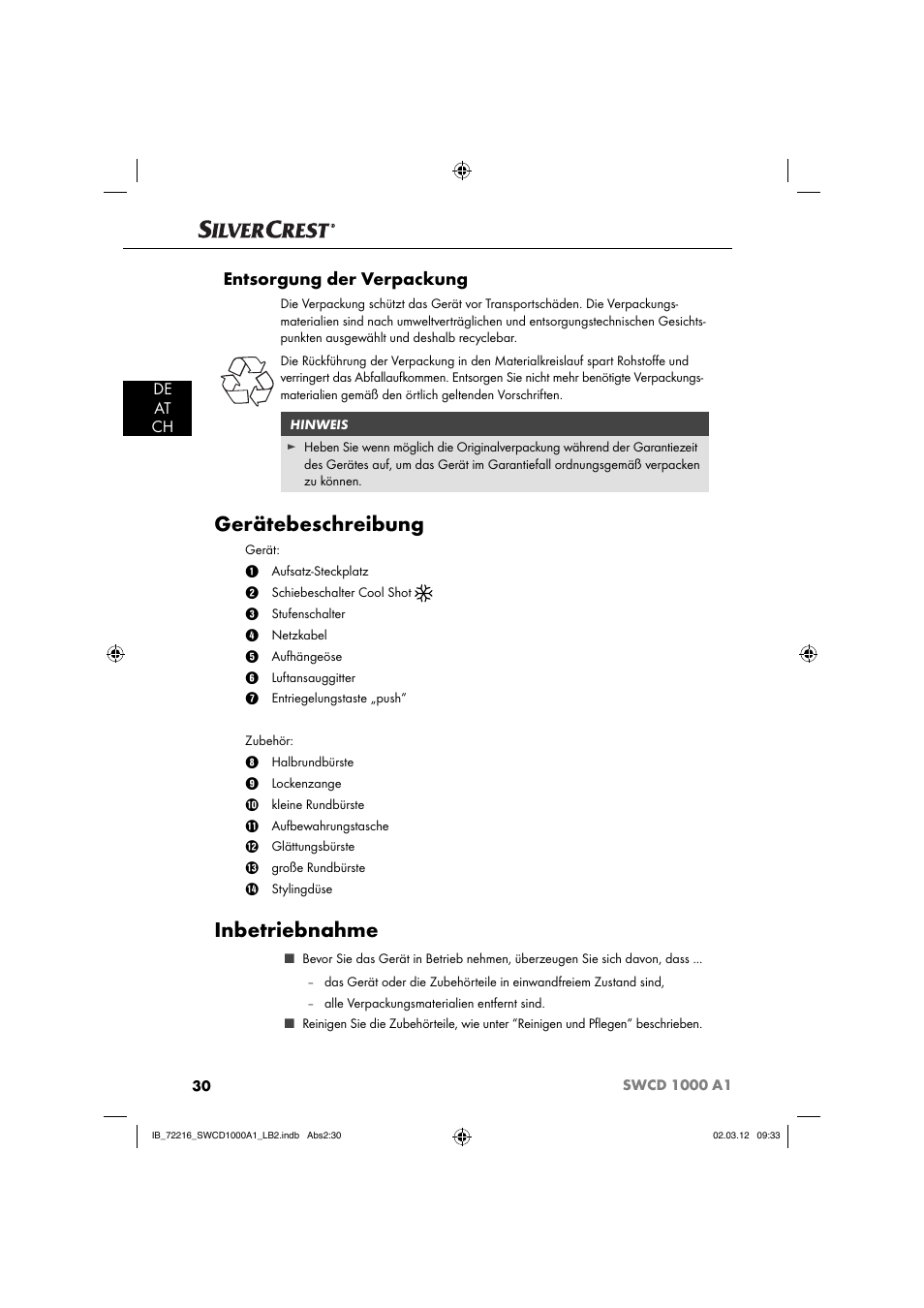 Gerätebeschreibung, Inbetriebnahme, Entsorgung der verpackung | De at ch | Silvercrest SWCD 1000 A1 User Manual | Page 32 / 50