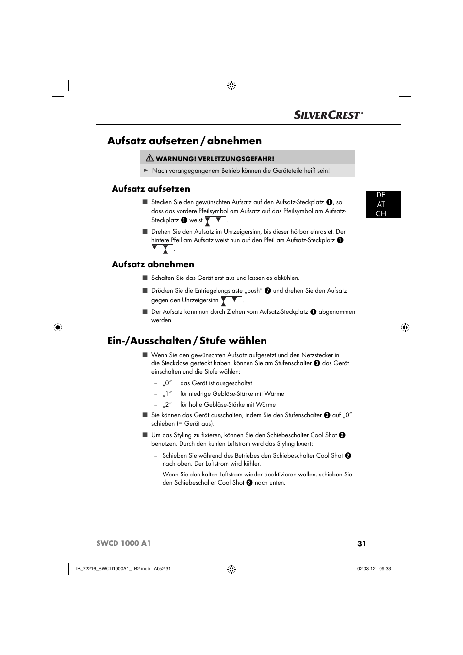 Aufsatz aufsetzen / abnehmen, Ein-/ausschalten / stufe wählen, Aufsatz aufsetzen | Aufsatz abnehmen, De at ch | Silvercrest SWCD 1000 A1 User Manual | Page 33 / 50