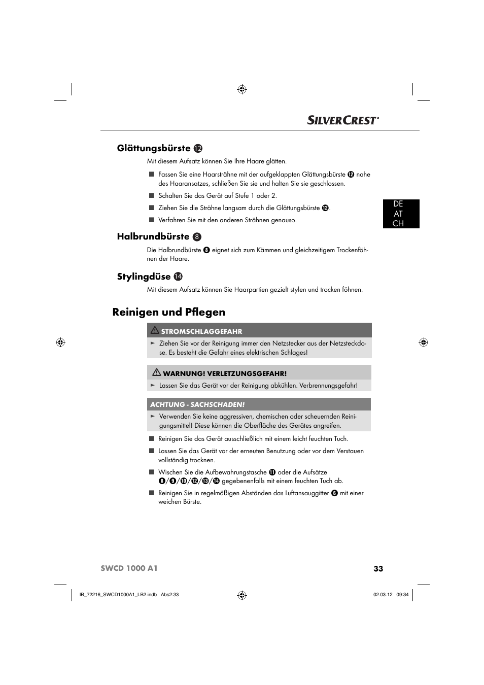 Reinigen und pﬂ egen, Glättungsbürste, Halbrundbürste | Stylingdüse, De at ch | Silvercrest SWCD 1000 A1 User Manual | Page 35 / 50