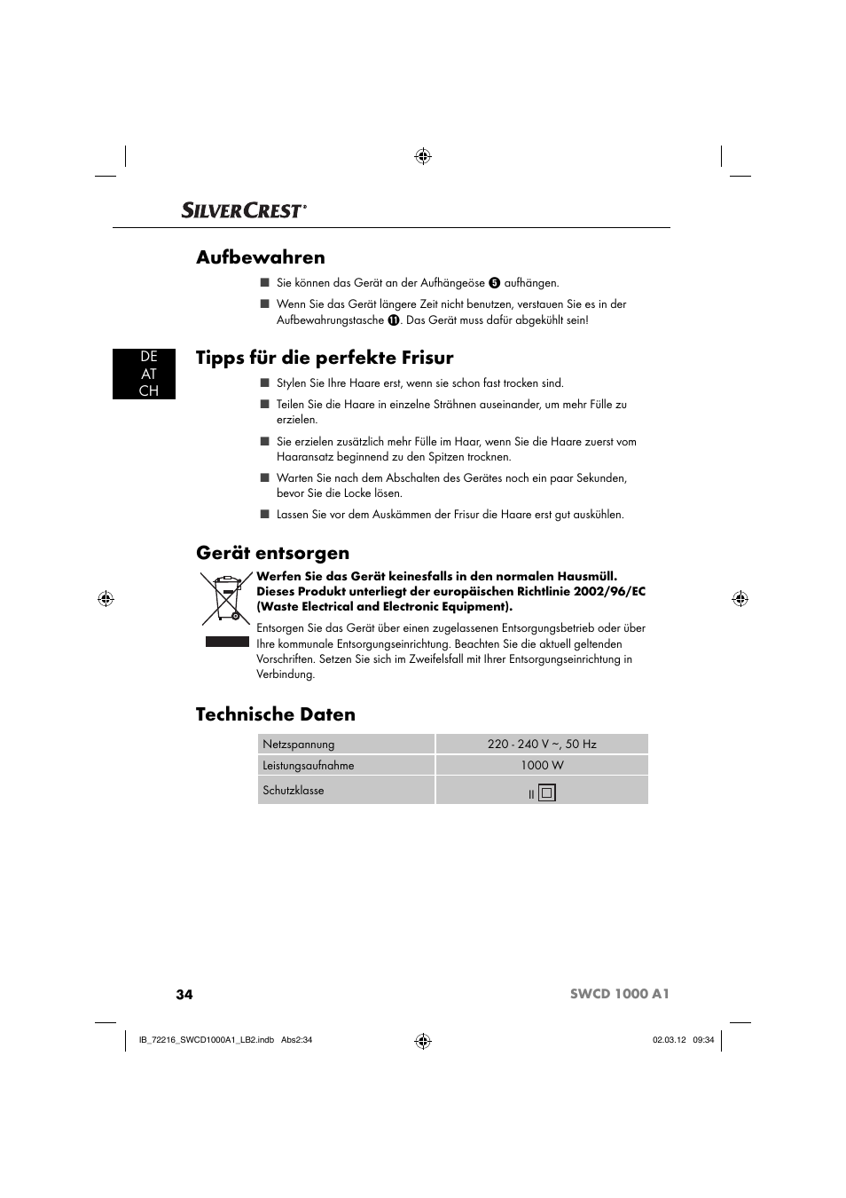 Aufbewahren, Tipps für die perfekte frisur, Gerät entsorgen | Technische daten, De at ch | Silvercrest SWCD 1000 A1 User Manual | Page 36 / 50