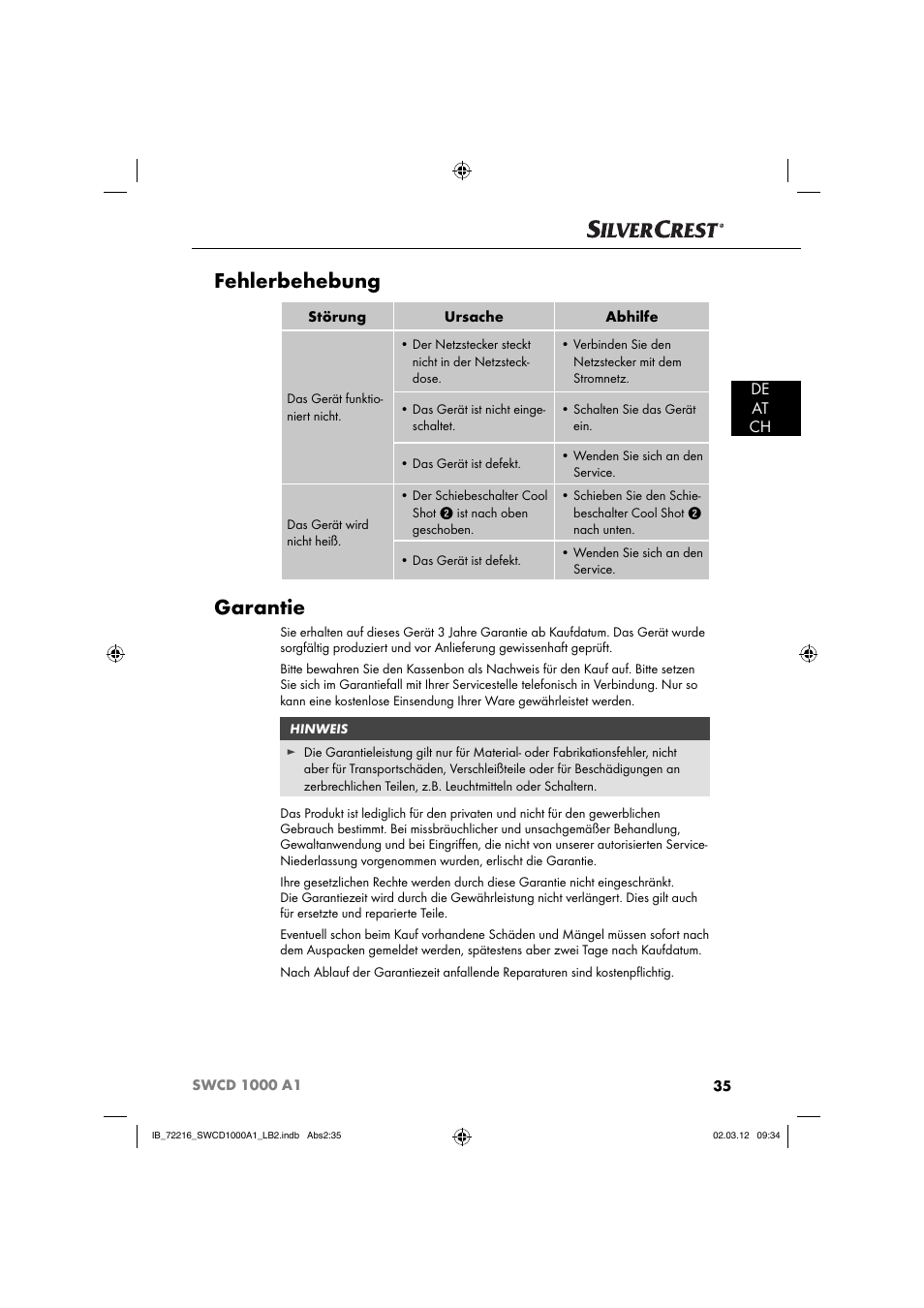 Fehlerbehebung, Garantie, De at ch | Silvercrest SWCD 1000 A1 User Manual | Page 37 / 50