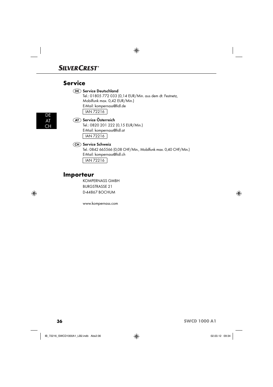 Service, Importeur, De at ch | Silvercrest SWCD 1000 A1 User Manual | Page 38 / 50