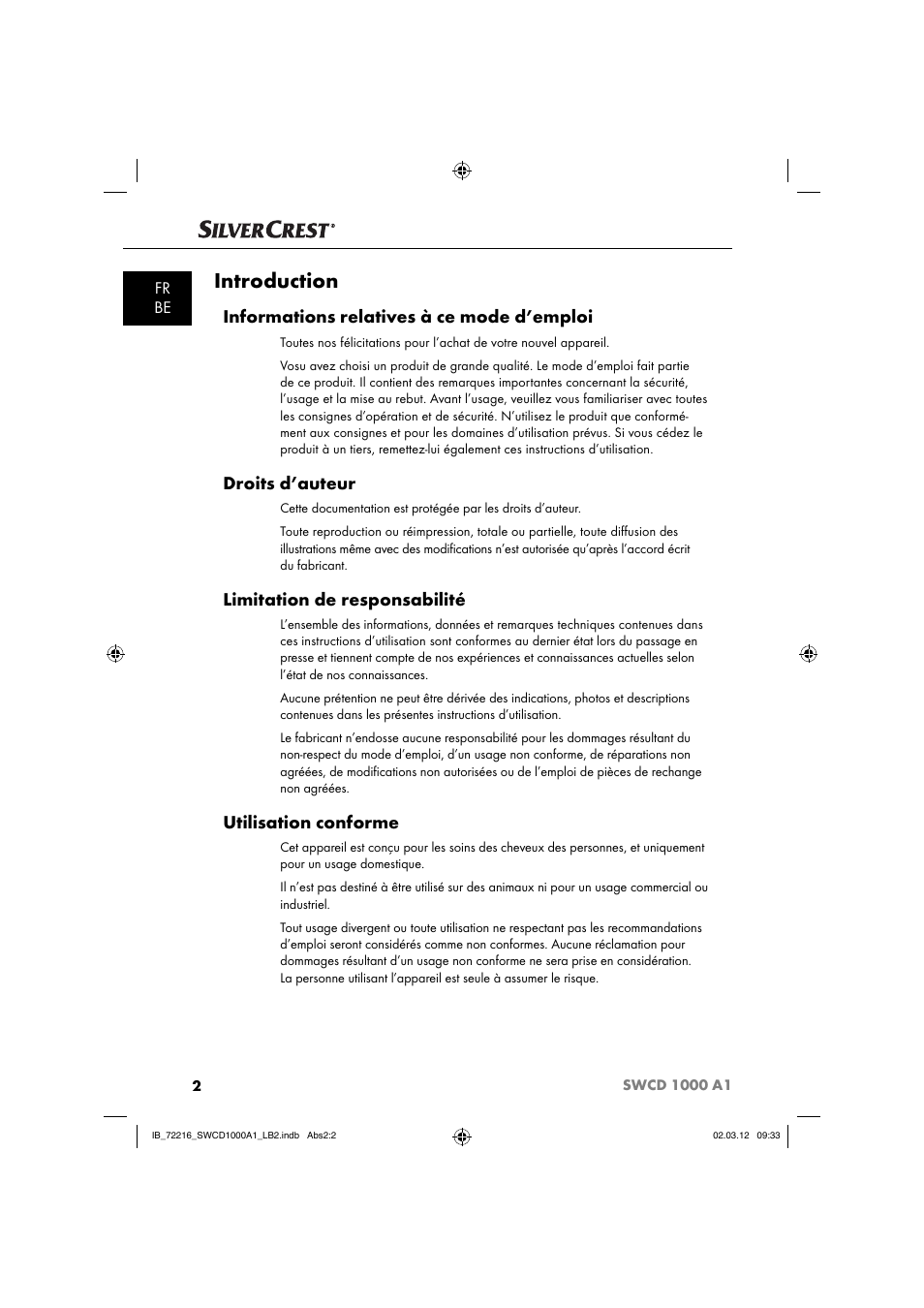 Introduction, Informations relatives à ce mode d’emploi, Droits d’auteur | Limitation de responsabilité, Utilisation conforme, Fr be | Silvercrest SWCD 1000 A1 User Manual | Page 4 / 50