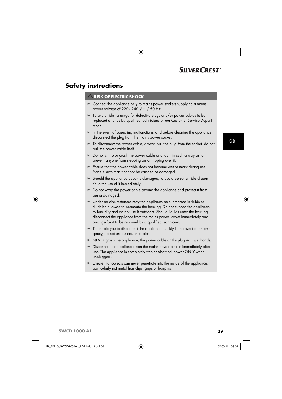 Safety instructions | Silvercrest SWCD 1000 A1 User Manual | Page 41 / 50