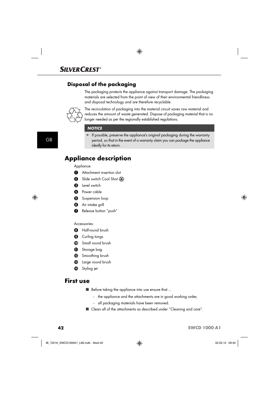 Appliance description, First use, Disposal of the packaging | Silvercrest SWCD 1000 A1 User Manual | Page 44 / 50