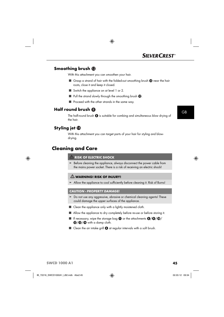 Cleaning and care, Smoothing brush, Half round brush | Styling jet | Silvercrest SWCD 1000 A1 User Manual | Page 47 / 50