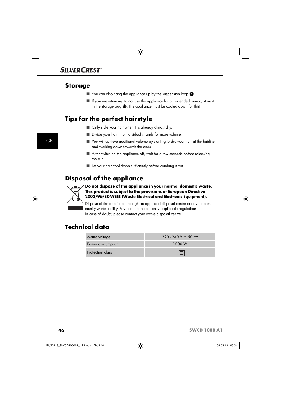 Storage, Tips for the perfect hairstyle, Disposal of the appliance | Technical data | Silvercrest SWCD 1000 A1 User Manual | Page 48 / 50