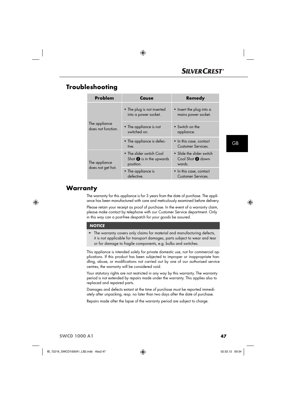 Troubleshooting, Warranty | Silvercrest SWCD 1000 A1 User Manual | Page 49 / 50