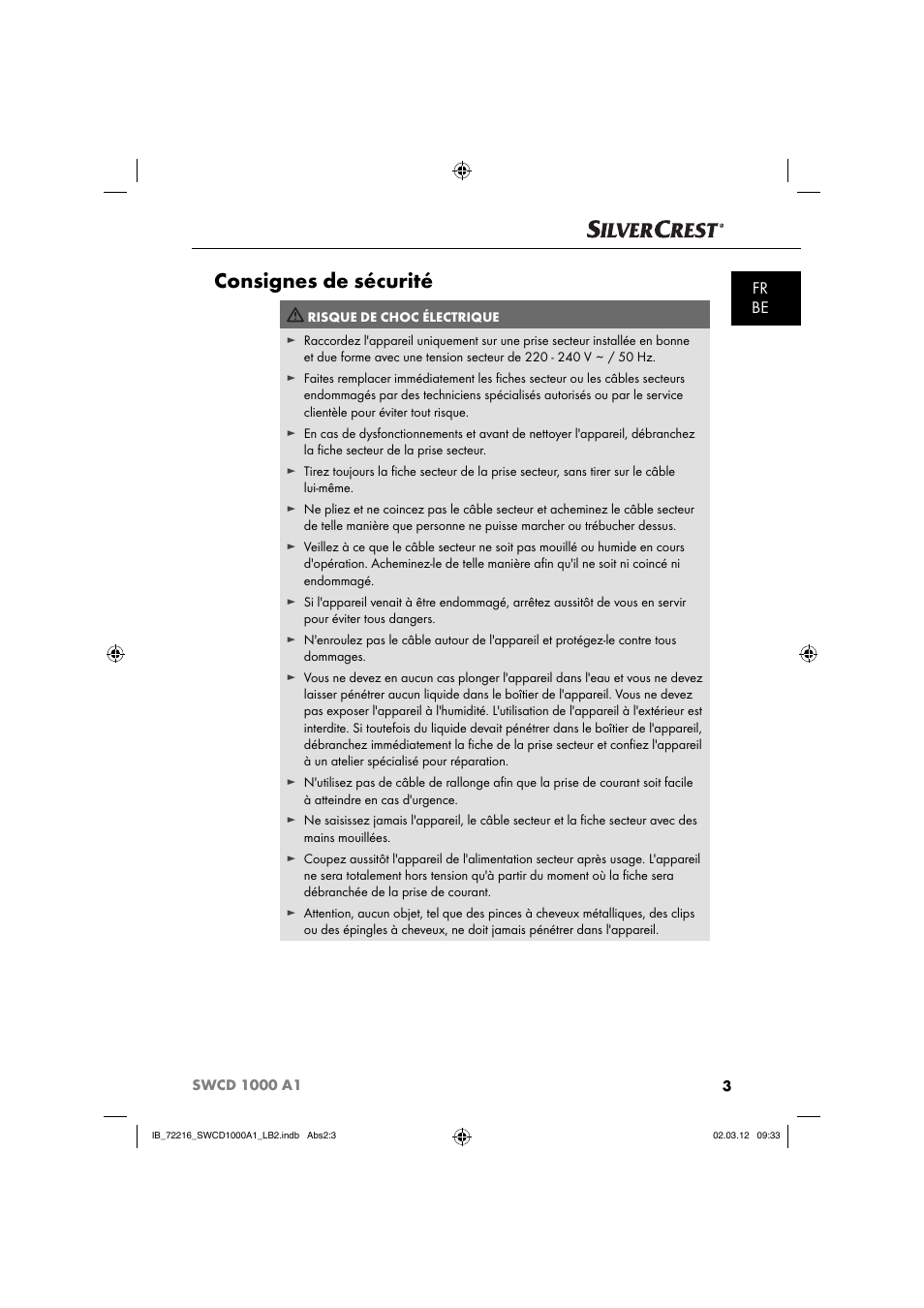 Consignes de sécurité, Fr be | Silvercrest SWCD 1000 A1 User Manual | Page 5 / 50