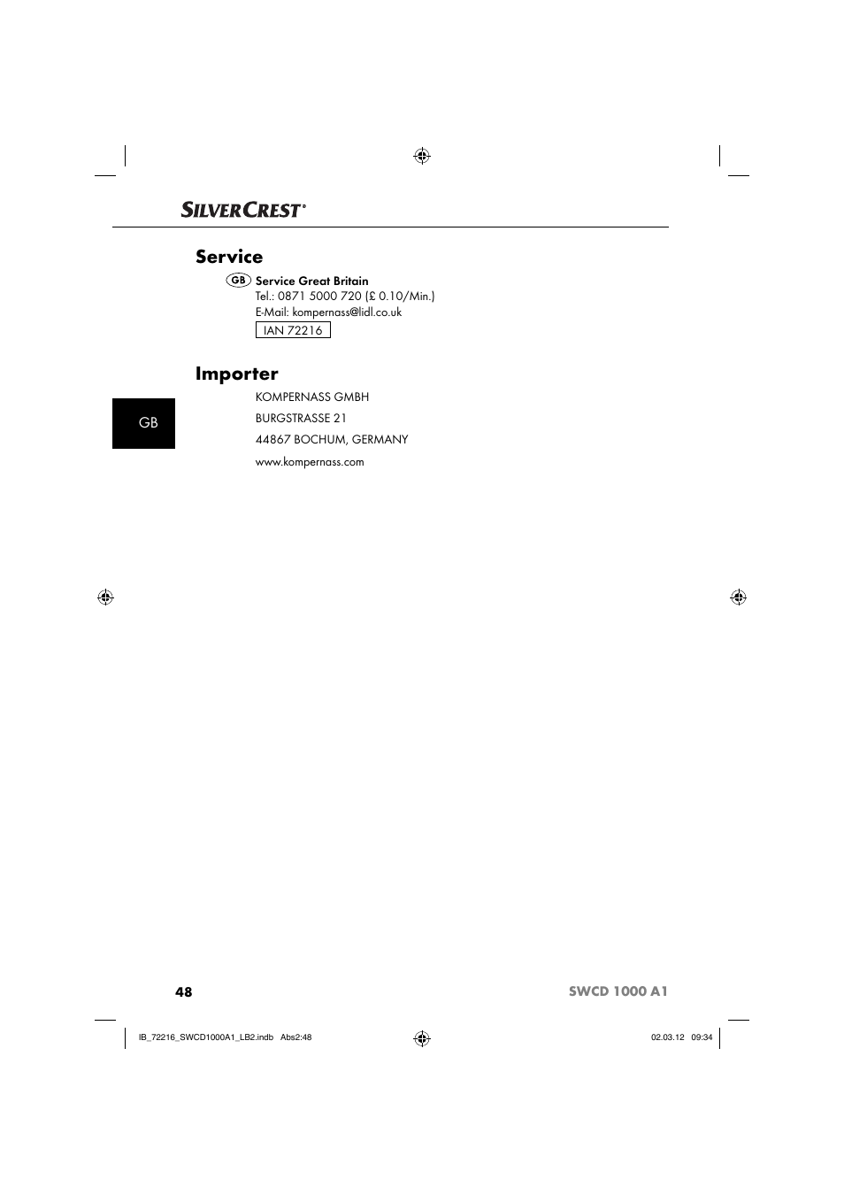 Service, Importer | Silvercrest SWCD 1000 A1 User Manual | Page 50 / 50