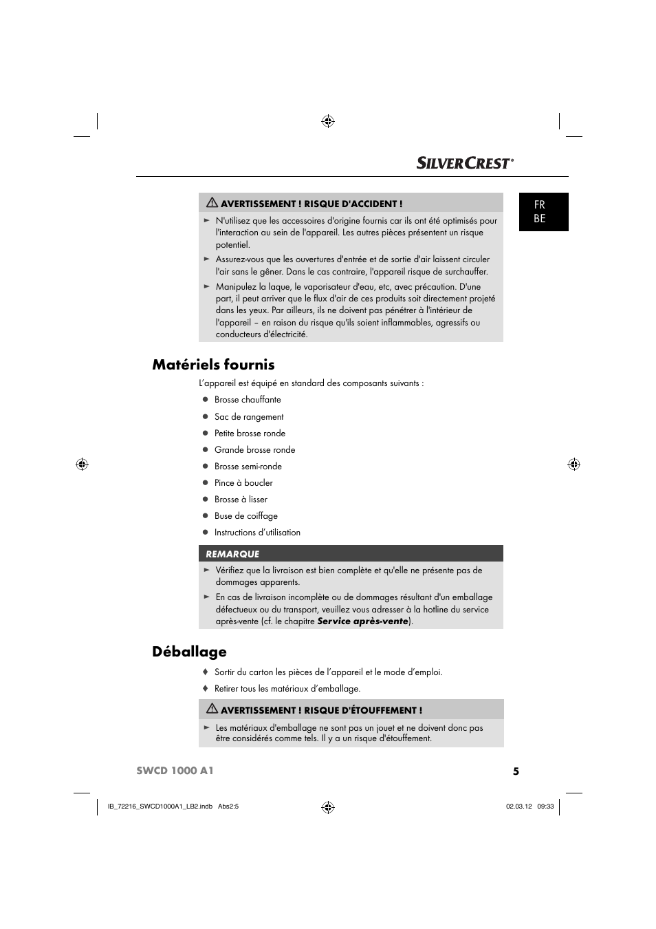 Matériels fournis, Déballage, Fr be | Silvercrest SWCD 1000 A1 User Manual | Page 7 / 50