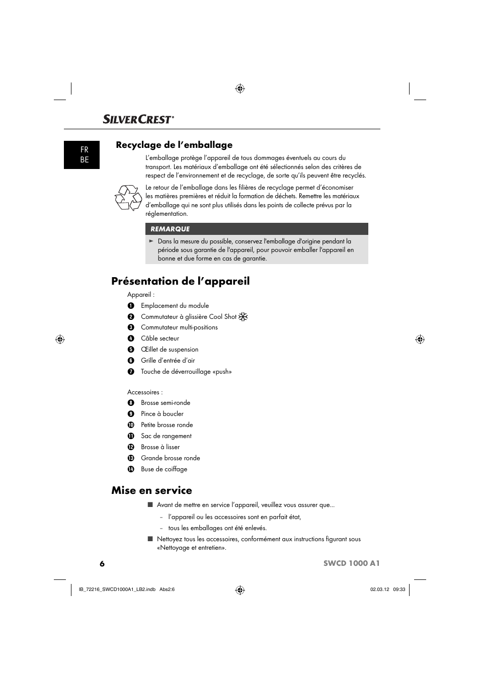 Présentation de l’appareil, Mise en service, Recyclage de l’emballage | Fr be | Silvercrest SWCD 1000 A1 User Manual | Page 8 / 50