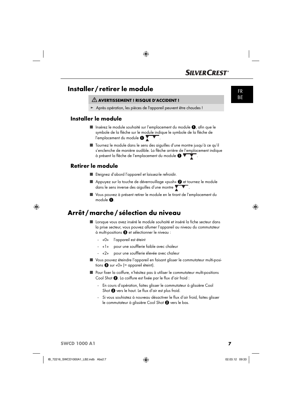 Installer / retirer le module, Arrêt / marche / sélection du niveau, Installer le module | Retirer le module, Fr be | Silvercrest SWCD 1000 A1 User Manual | Page 9 / 50