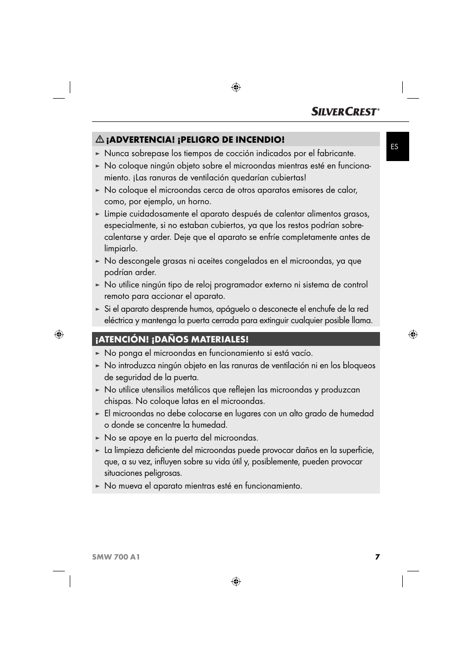 Advertencia! ¡peligro de incendio, No se apoye en la puerta del microondas | Silvercrest SMW 700 A1 User Manual | Page 10 / 52