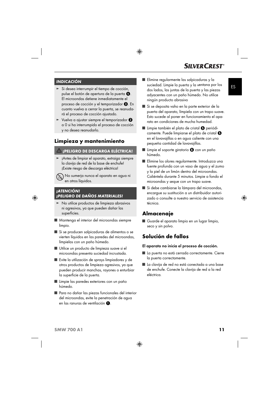 Limpieza y mantenimiento, Almacenaje, Solución de fallos | Silvercrest SMW 700 A1 User Manual | Page 14 / 52