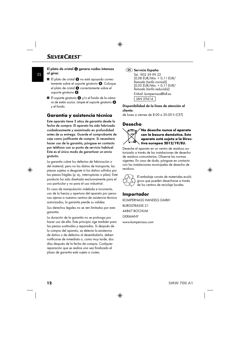 Garantía y asistencia técnica, Desecho, Importador | Silvercrest SMW 700 A1 User Manual | Page 15 / 52