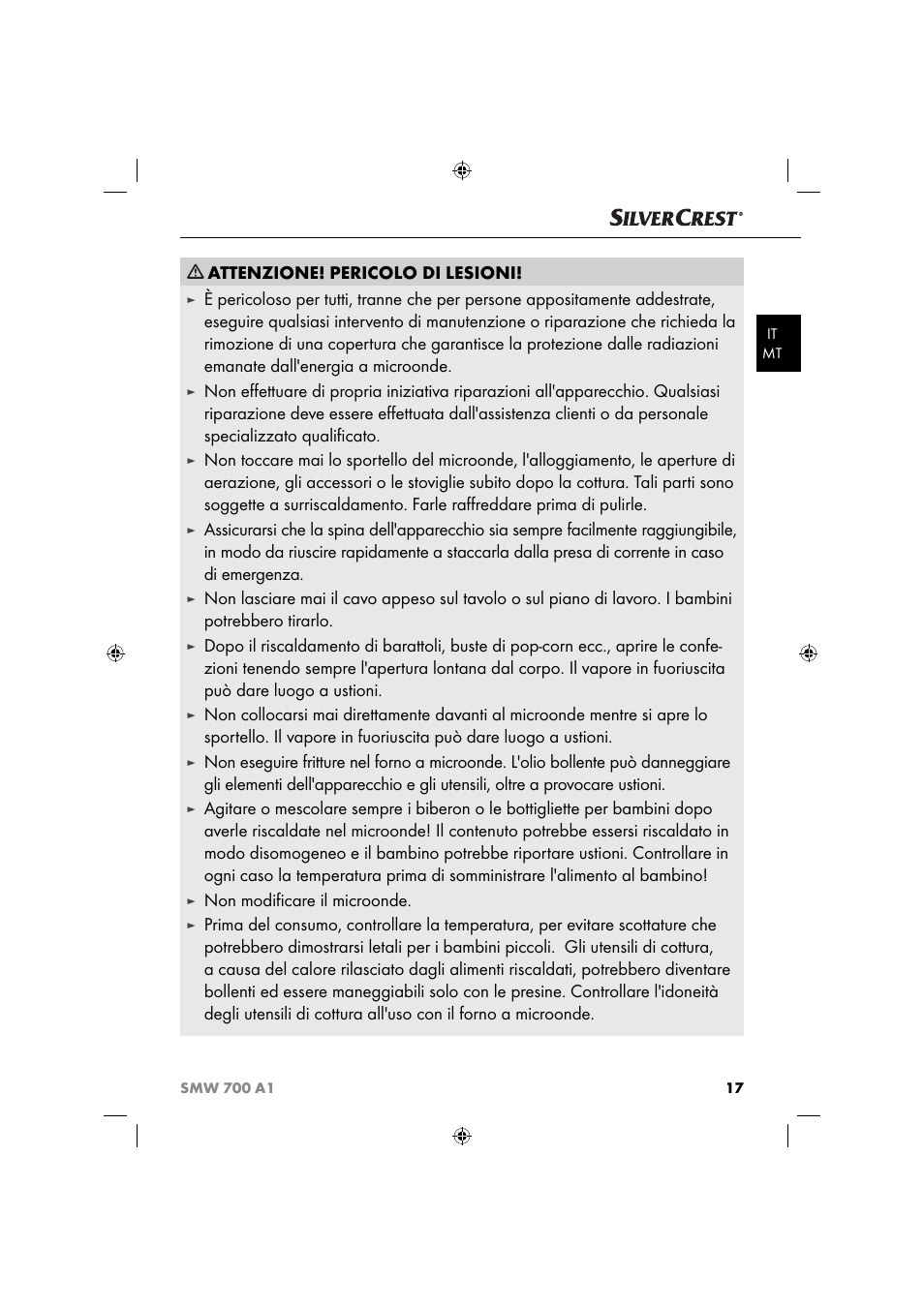 Attenzione! pericolo di lesioni, Non modiﬁ care il microonde | Silvercrest SMW 700 A1 User Manual | Page 20 / 52