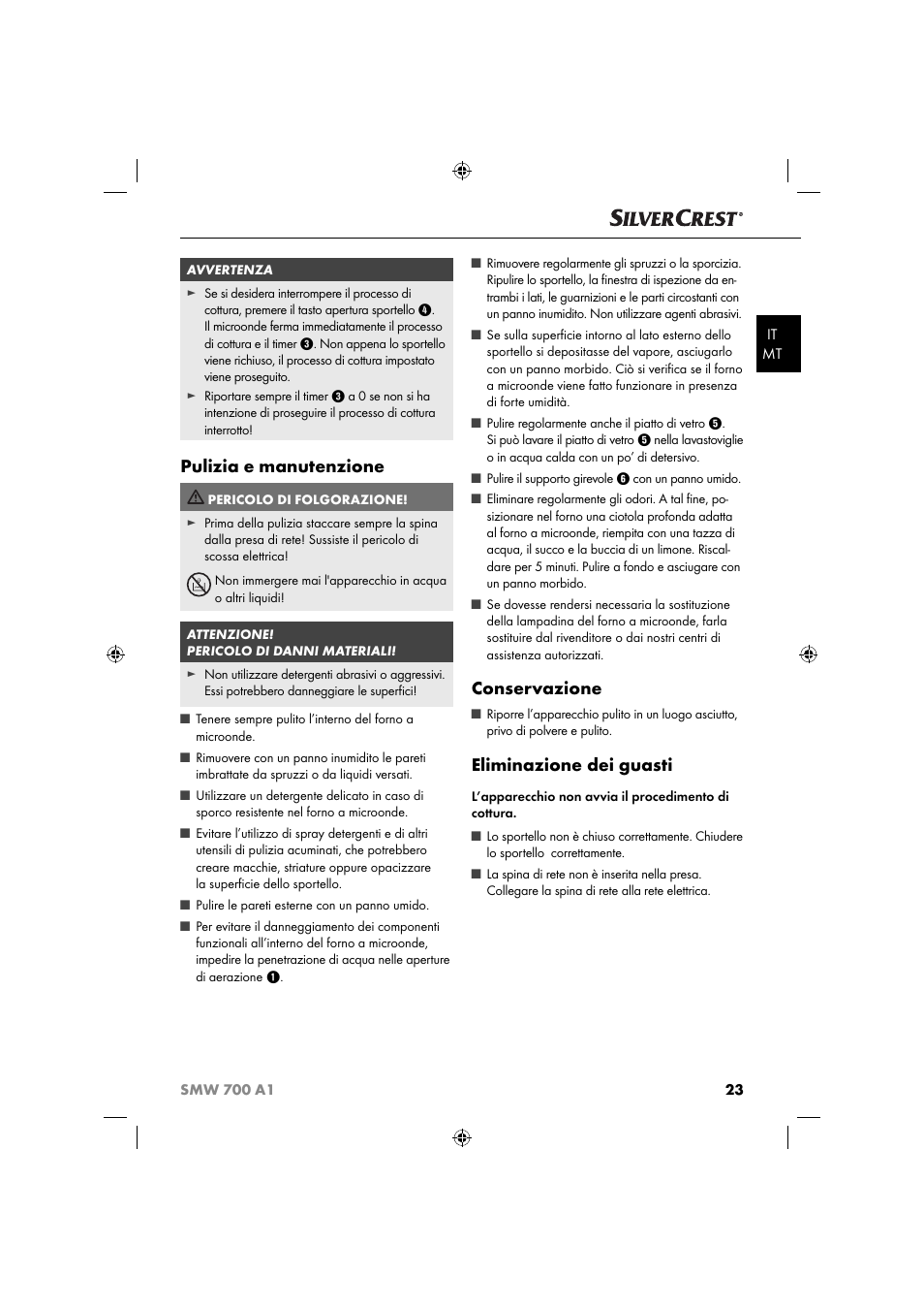 Pulizia e manutenzione, Conservazione, Eliminazione dei guasti | Silvercrest SMW 700 A1 User Manual | Page 26 / 52