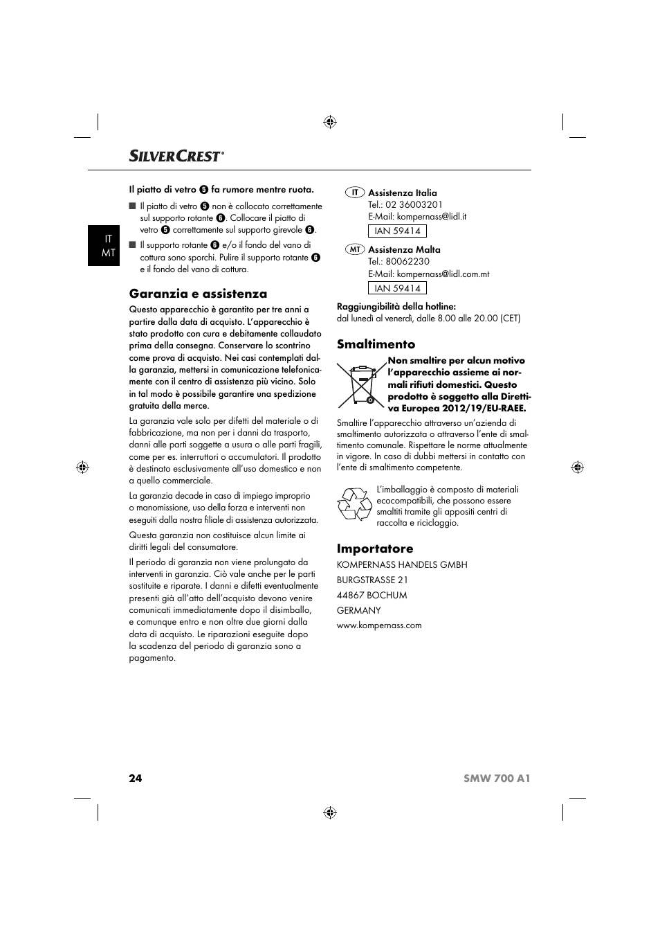 Garanzia e assistenza, Smaltimento, Importatore | Silvercrest SMW 700 A1 User Manual | Page 27 / 52
