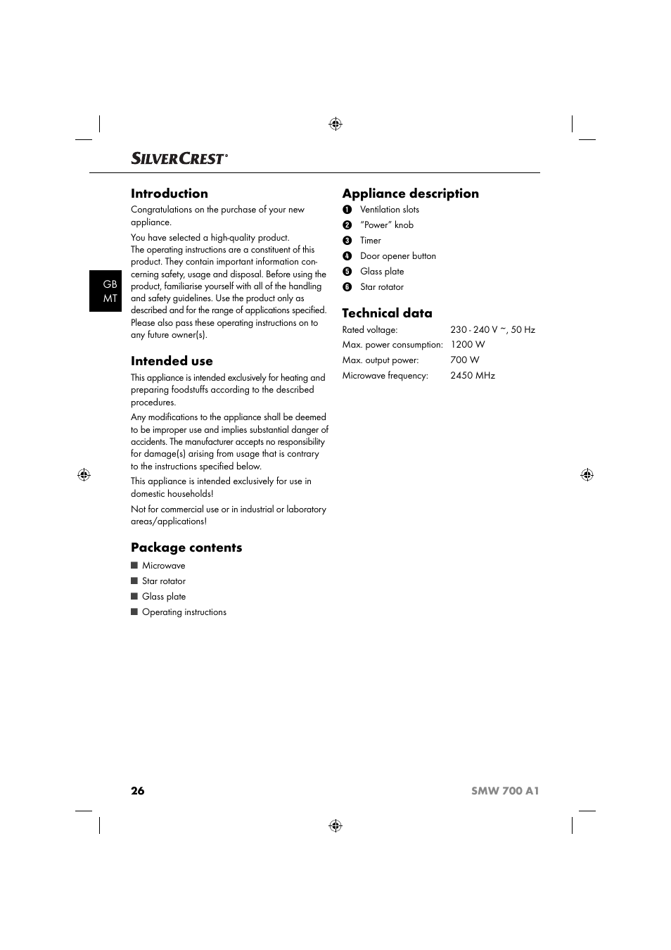 Introduction, Intended use, Package contents | Appliance description, Technical data | Silvercrest SMW 700 A1 User Manual | Page 29 / 52