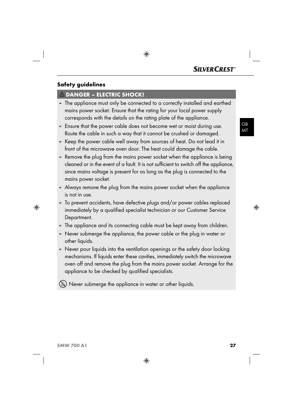 Safety guidelines, Danger – electric shock | Silvercrest SMW 700 A1 User Manual | Page 30 / 52