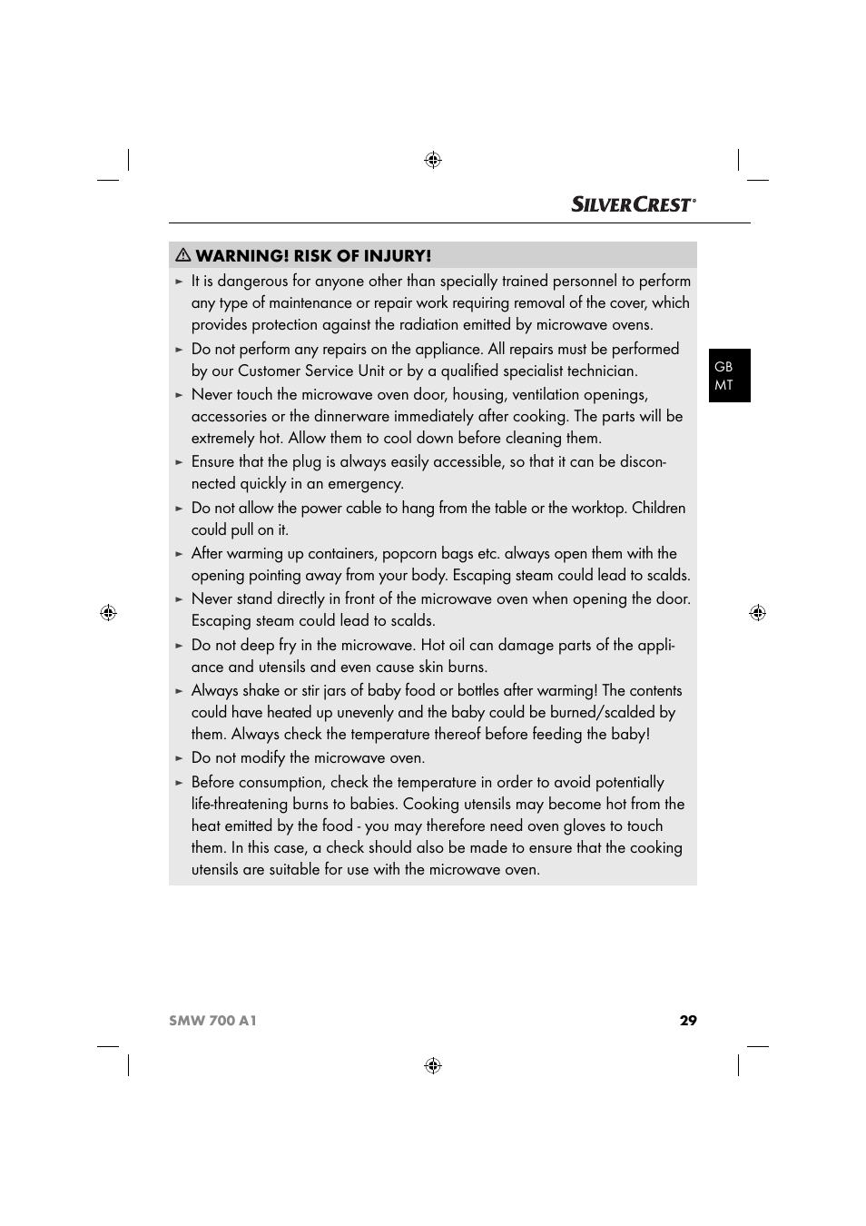 Warning! risk of injury, Do not modify the microwave oven | Silvercrest SMW 700 A1 User Manual | Page 32 / 52