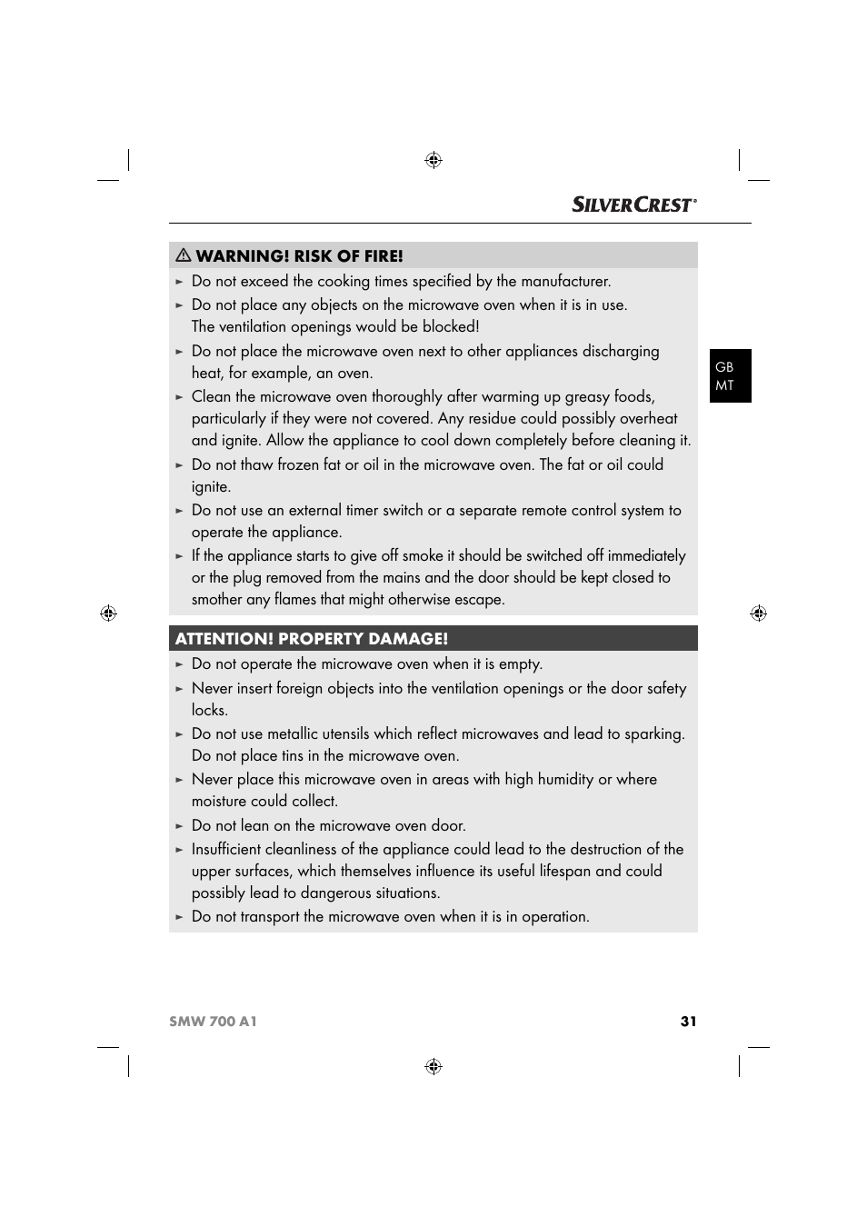 Warning! risk of fire, Do not operate the microwave oven when it is empty, Do not lean on the microwave oven door | Silvercrest SMW 700 A1 User Manual | Page 34 / 52